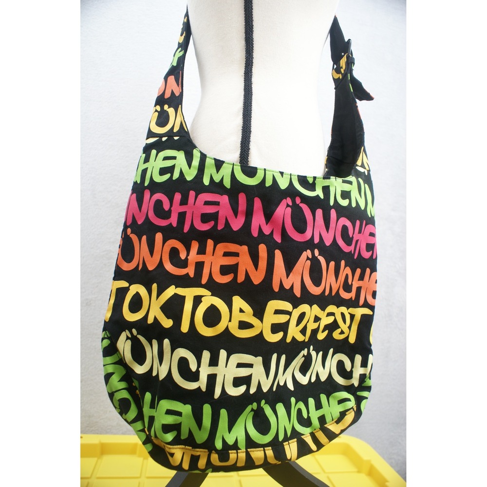 Robin Ruth München Oktoberfest Canvas Crossbody Hobo Bag Neon Black Typographic